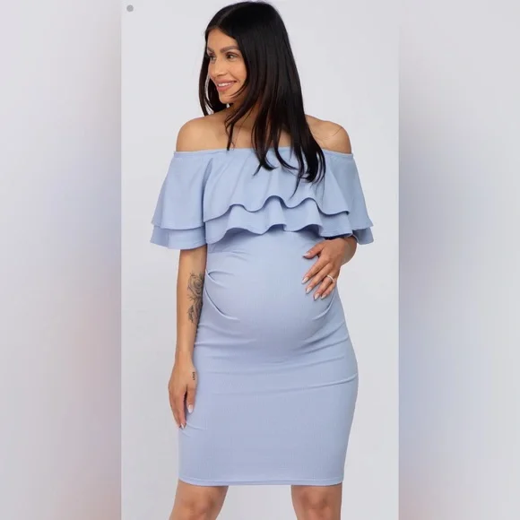 Pinkblush | Dresses | Pinkblush Light Blue Ruffle Off Shoulder Ruched Maternity  Dress Size Xl | Poshmark